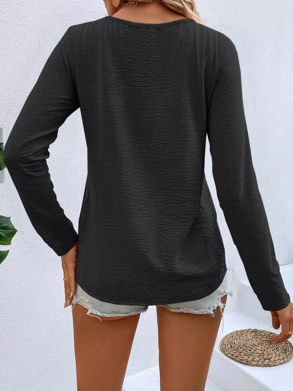 Full Size V-neck Decor Button Long Sleeve T-shirt Plus (6)