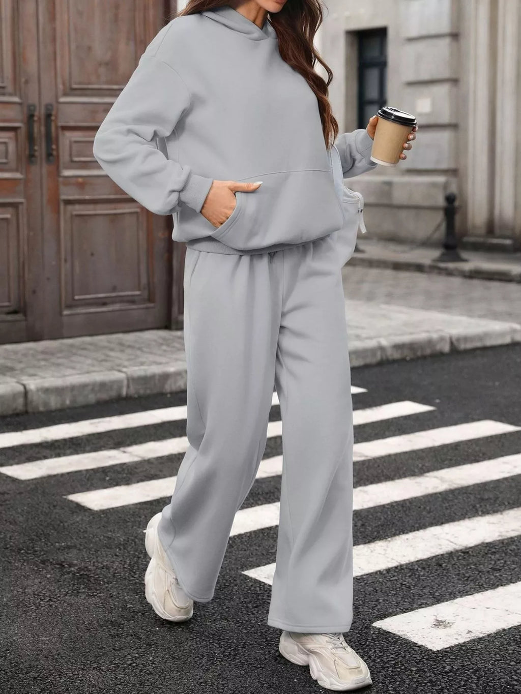 Kangaroo Pocket Hoodie Wide-leg Pant Set (21)