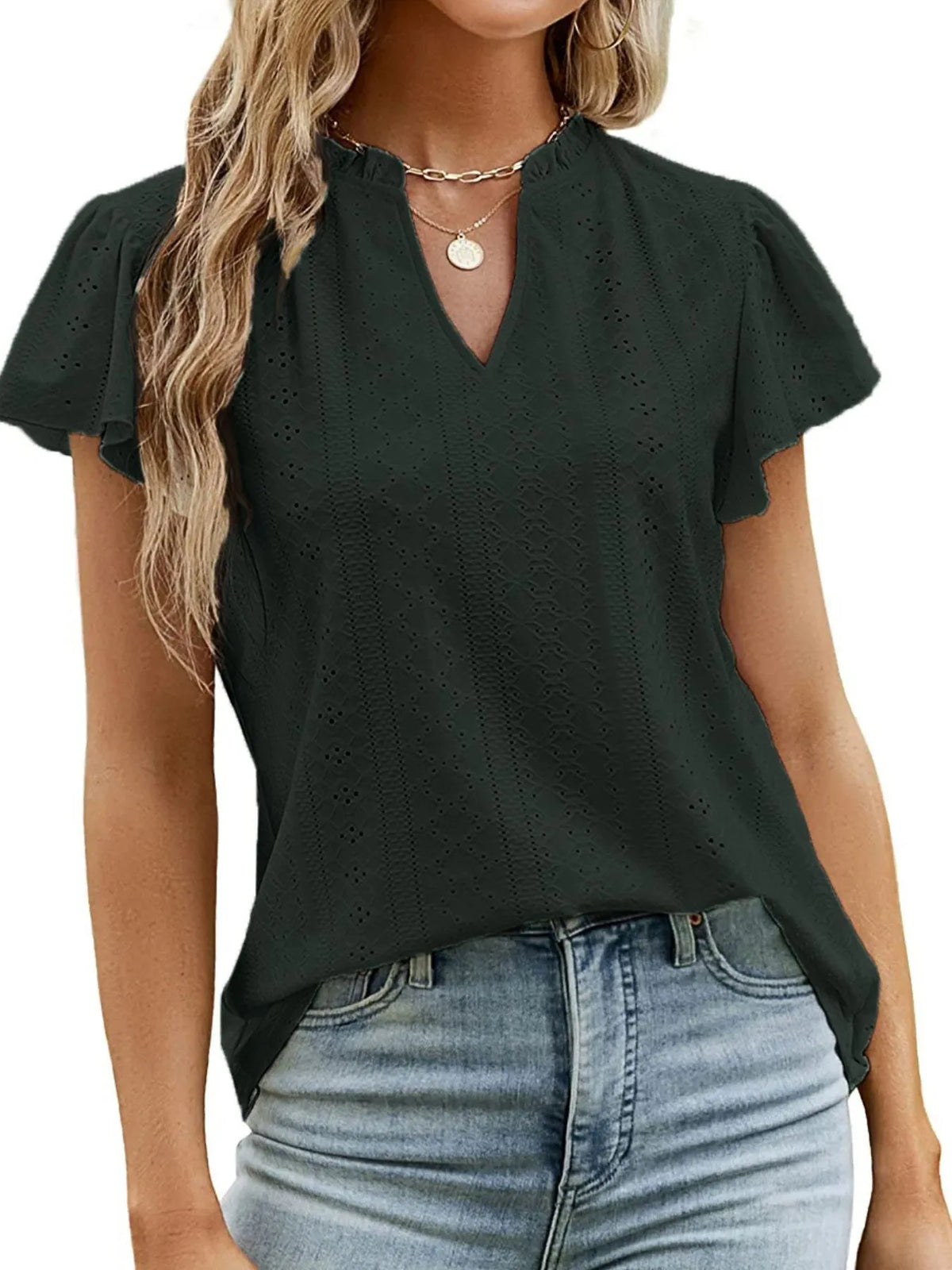 Eyelet Notched Short Sleeve T-shirt (6)