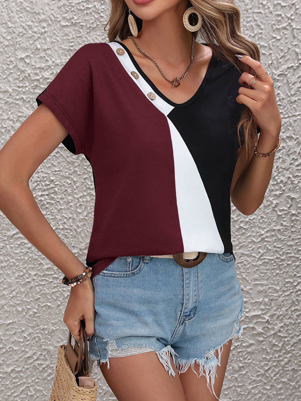 Block Decorative Button V-neck Tee (9)