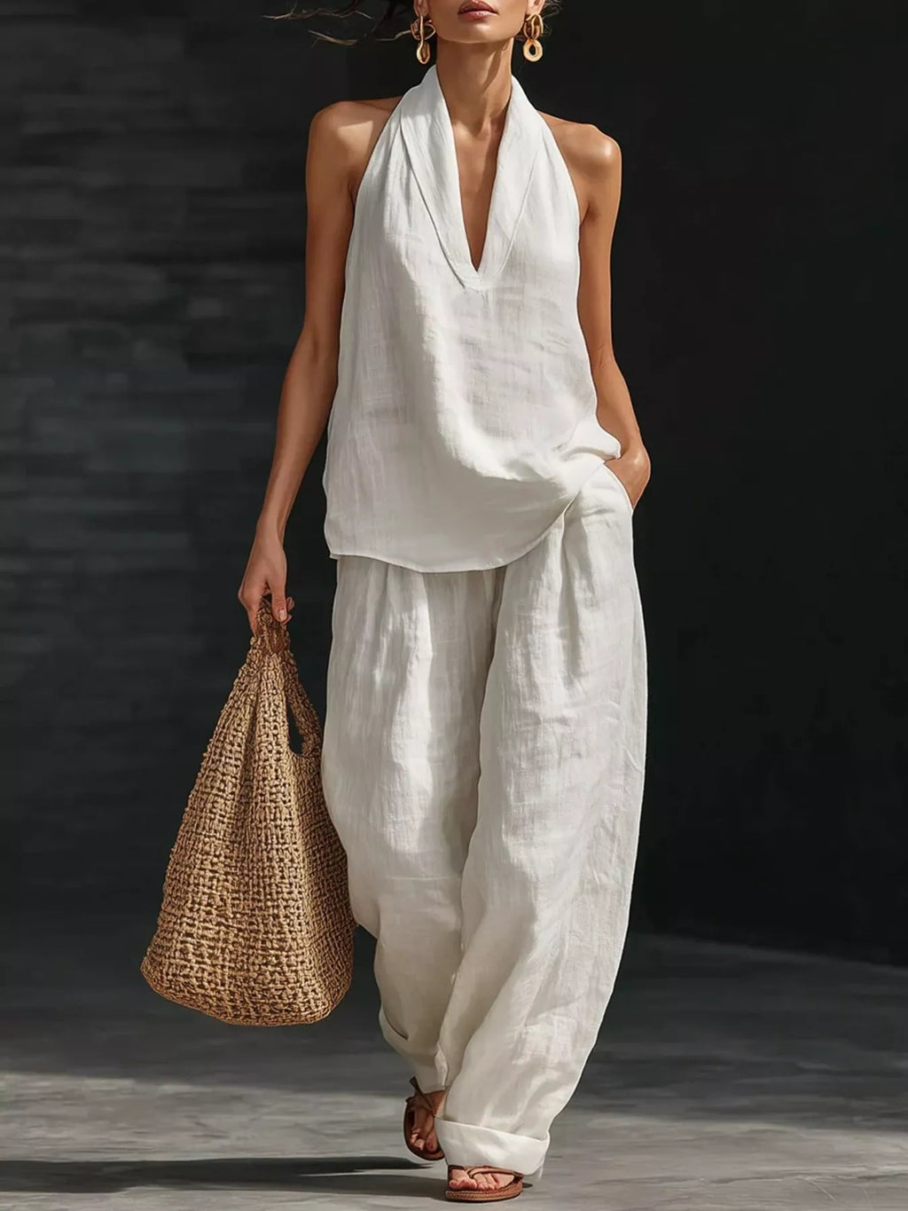 Full Size Halter Neck Top Wide Leg Pants Set Plus