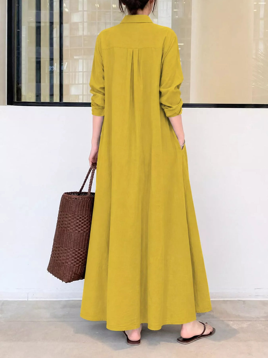 Full Size Button Front Long Sleeve Maxi Shirt Dress Plus (45)