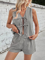 Gingham Print Tie Front Top Shorts Set (4)