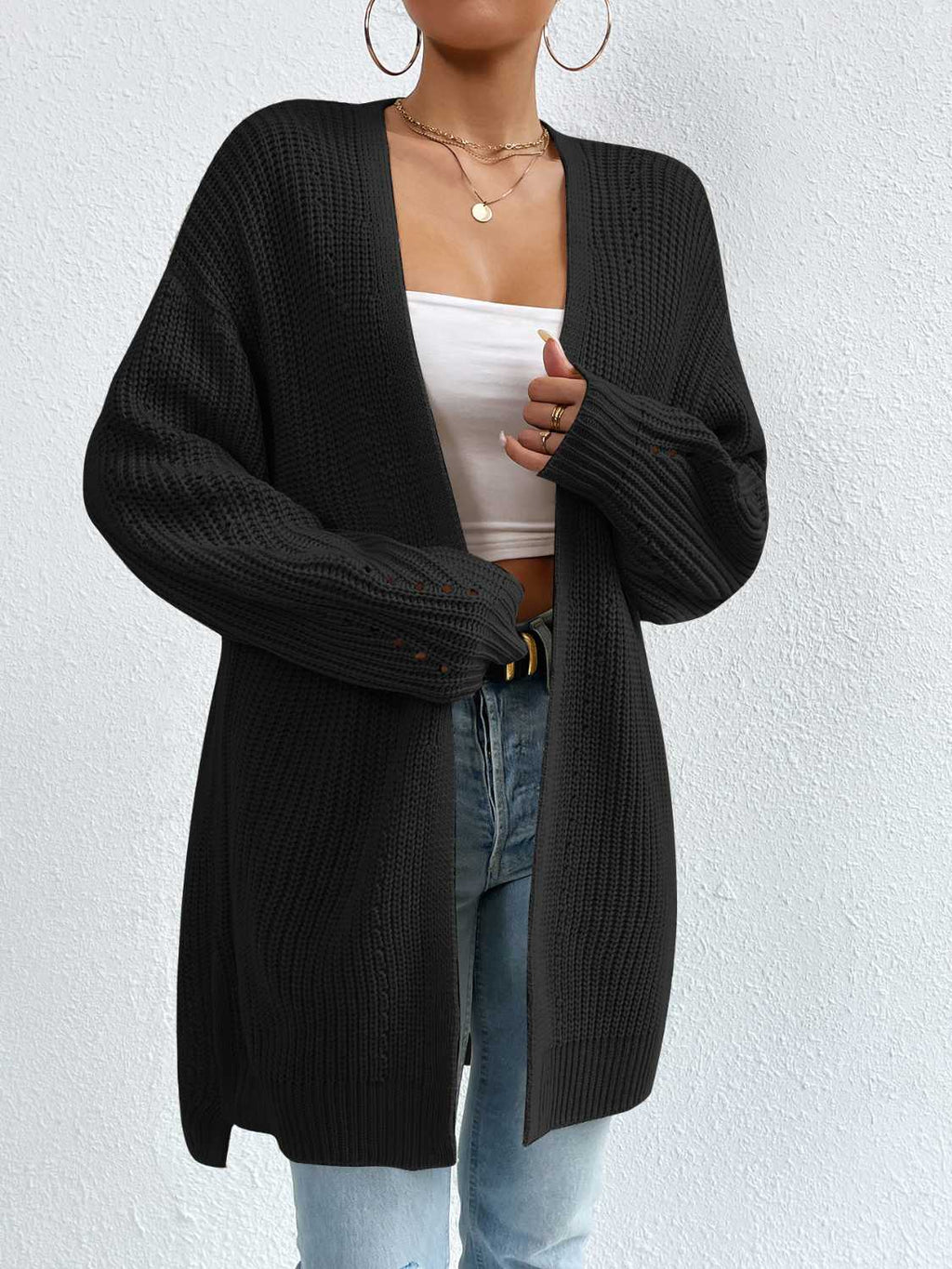 Open Front Dropped Shoulder Slit Cardigan (13)
