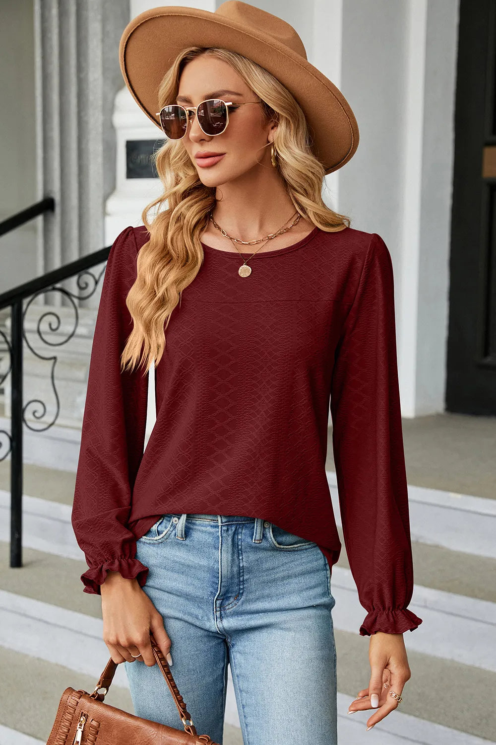 Round Neck Flounce Sleeve T-shirt (6)
