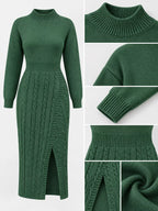 Full Size Mock Neck Cable Knit Sweater Dress Front Slit Plus (30)