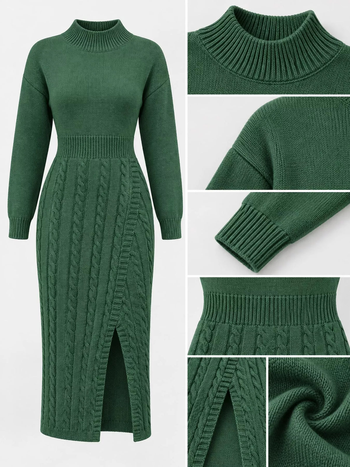 Full Size Mock Neck Cable Knit Sweater Dress Front Slit Plus (30)