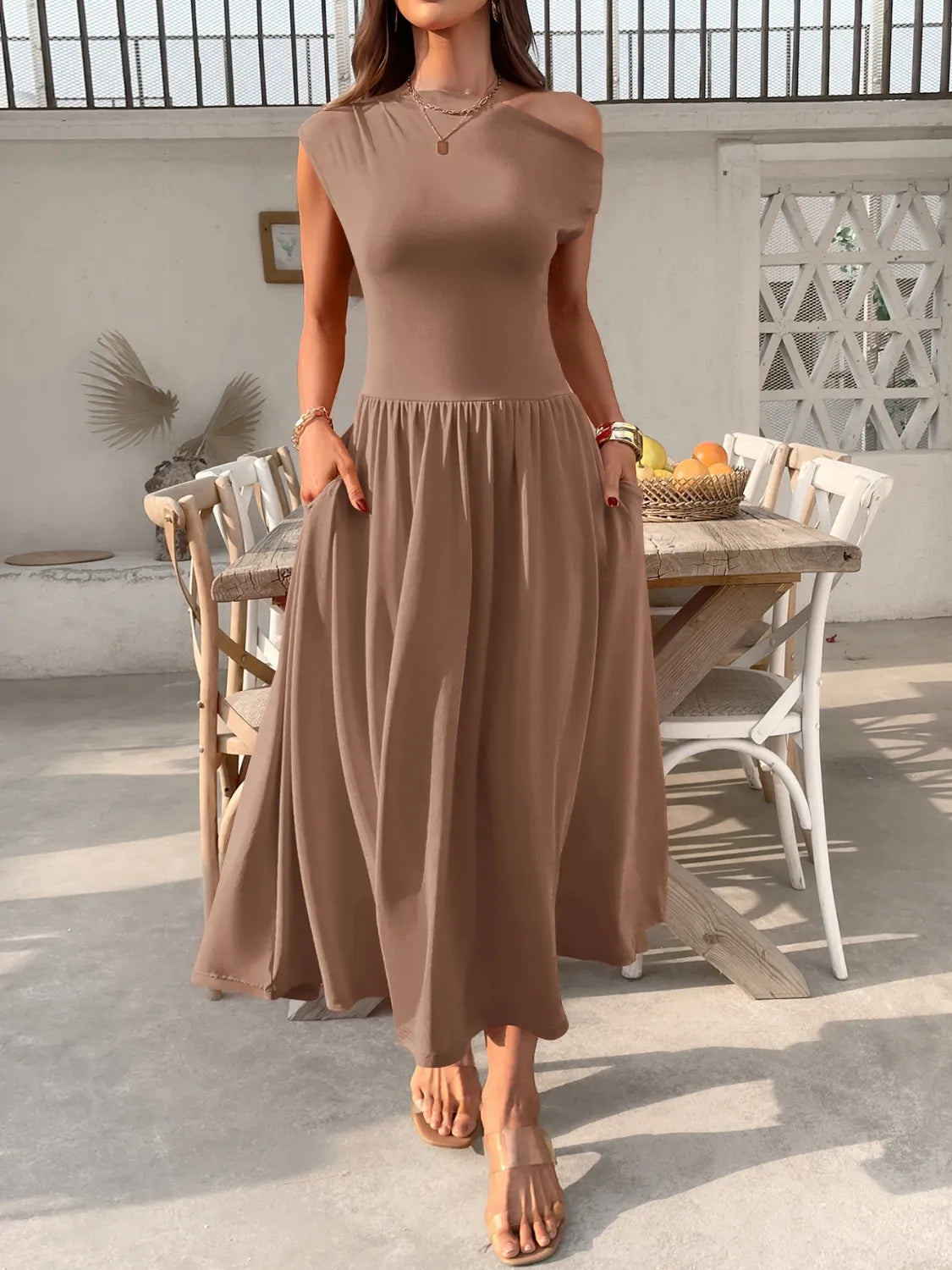 Single Shoulder Midi Dress Pockets (18)