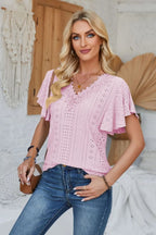 Eyelet Applique V-neck Cap Sleeve T-shirt (10)