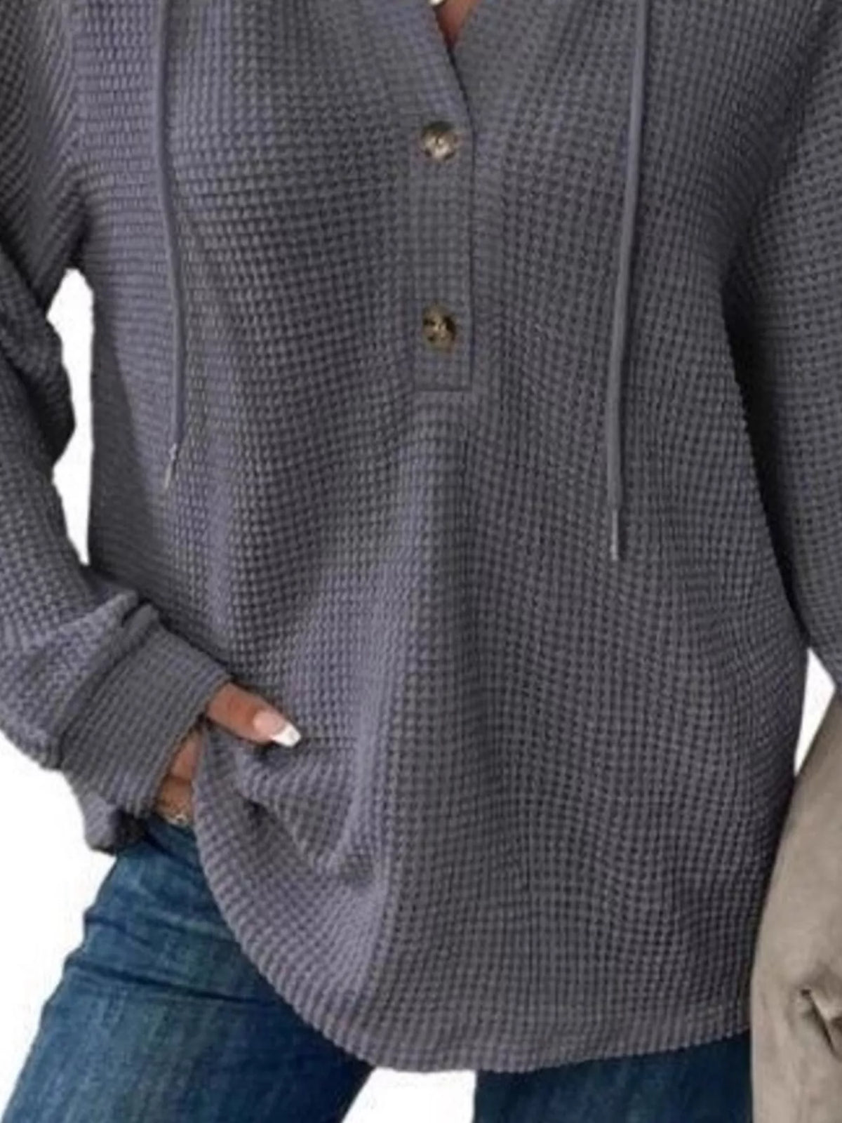 Full Size Button Detail Waffle Knit Hoodie Plus (15)