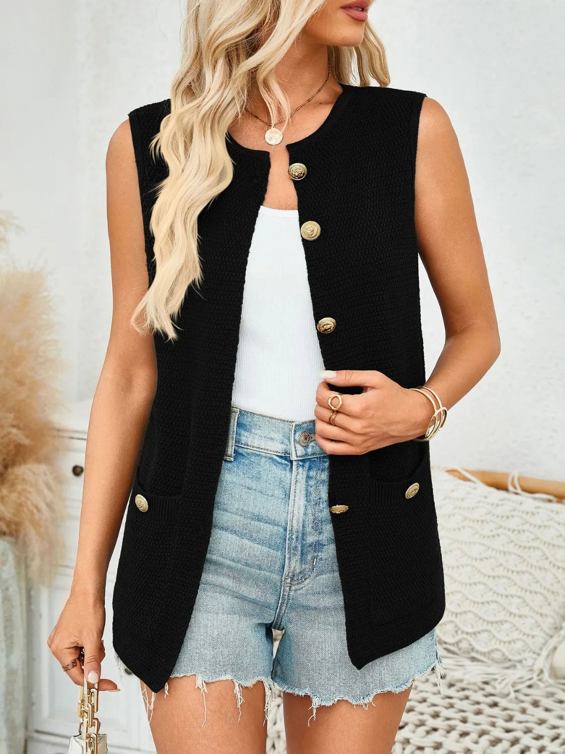 Button Down Round Neck Knit Vest (14)