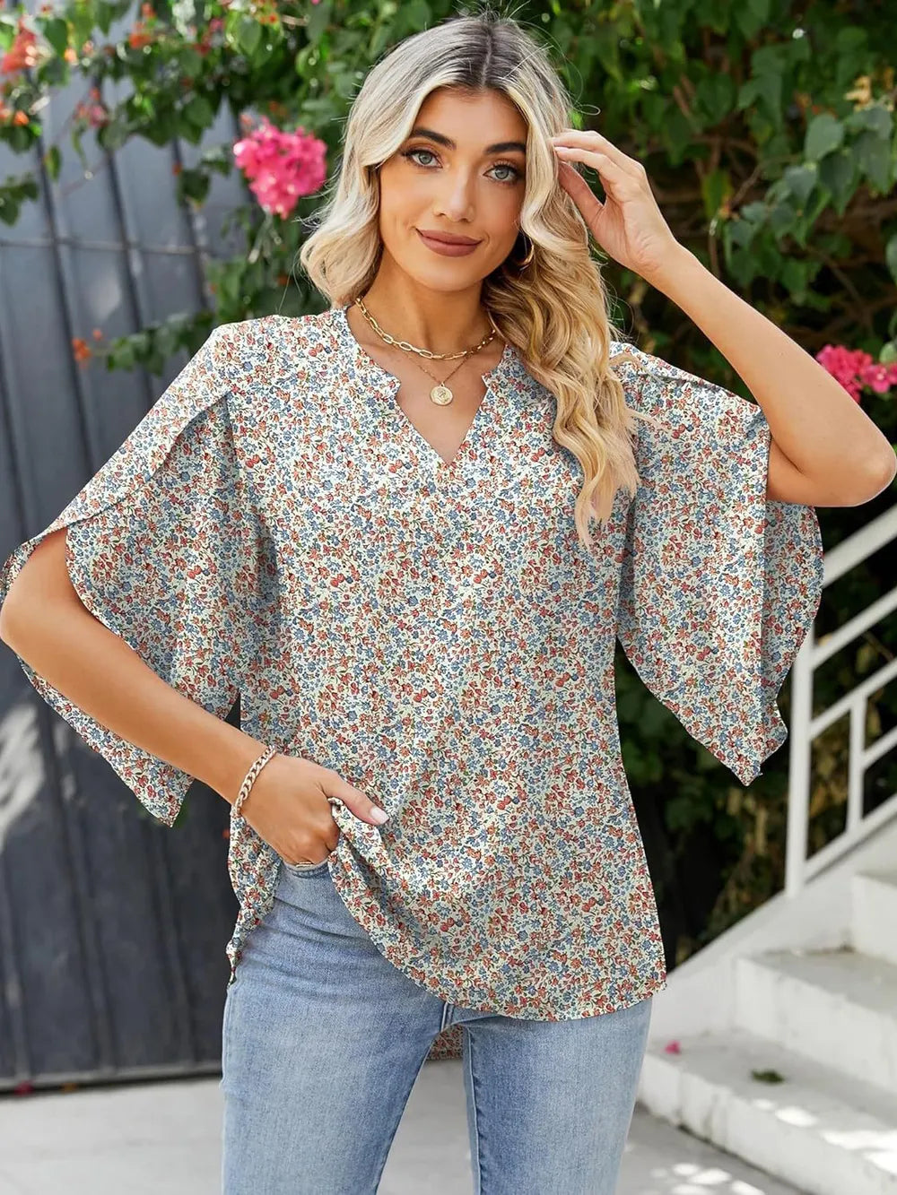 Printed Notched Half Sleeve Blouse (18)