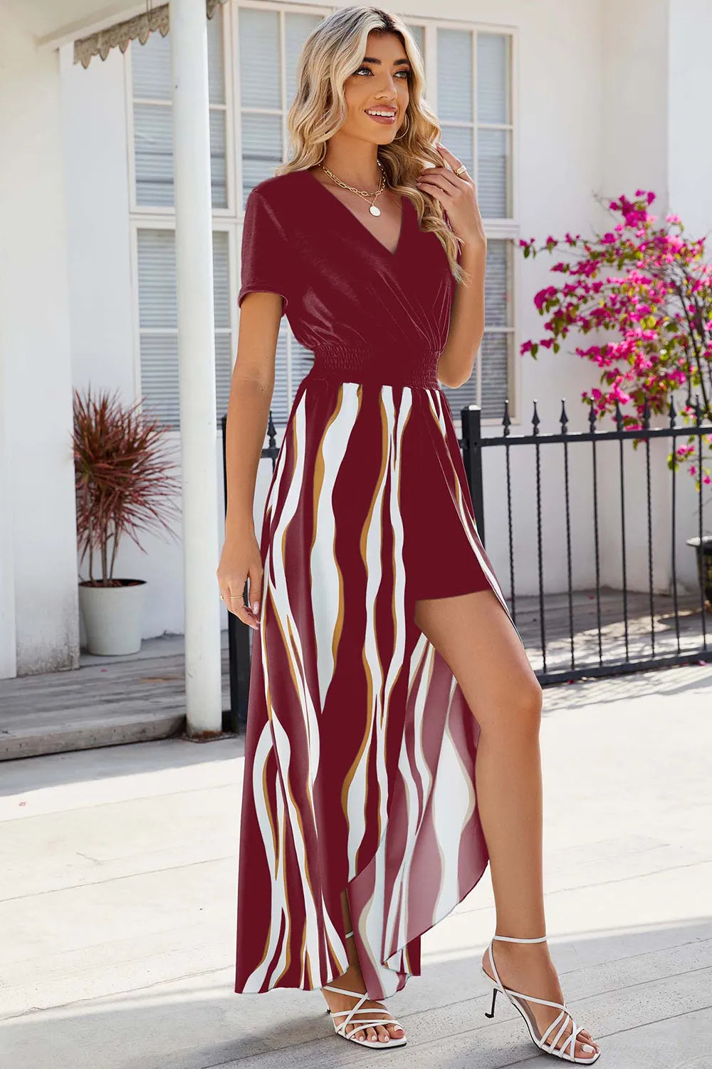 Smocked High-low Printed Surplice Dress (5)