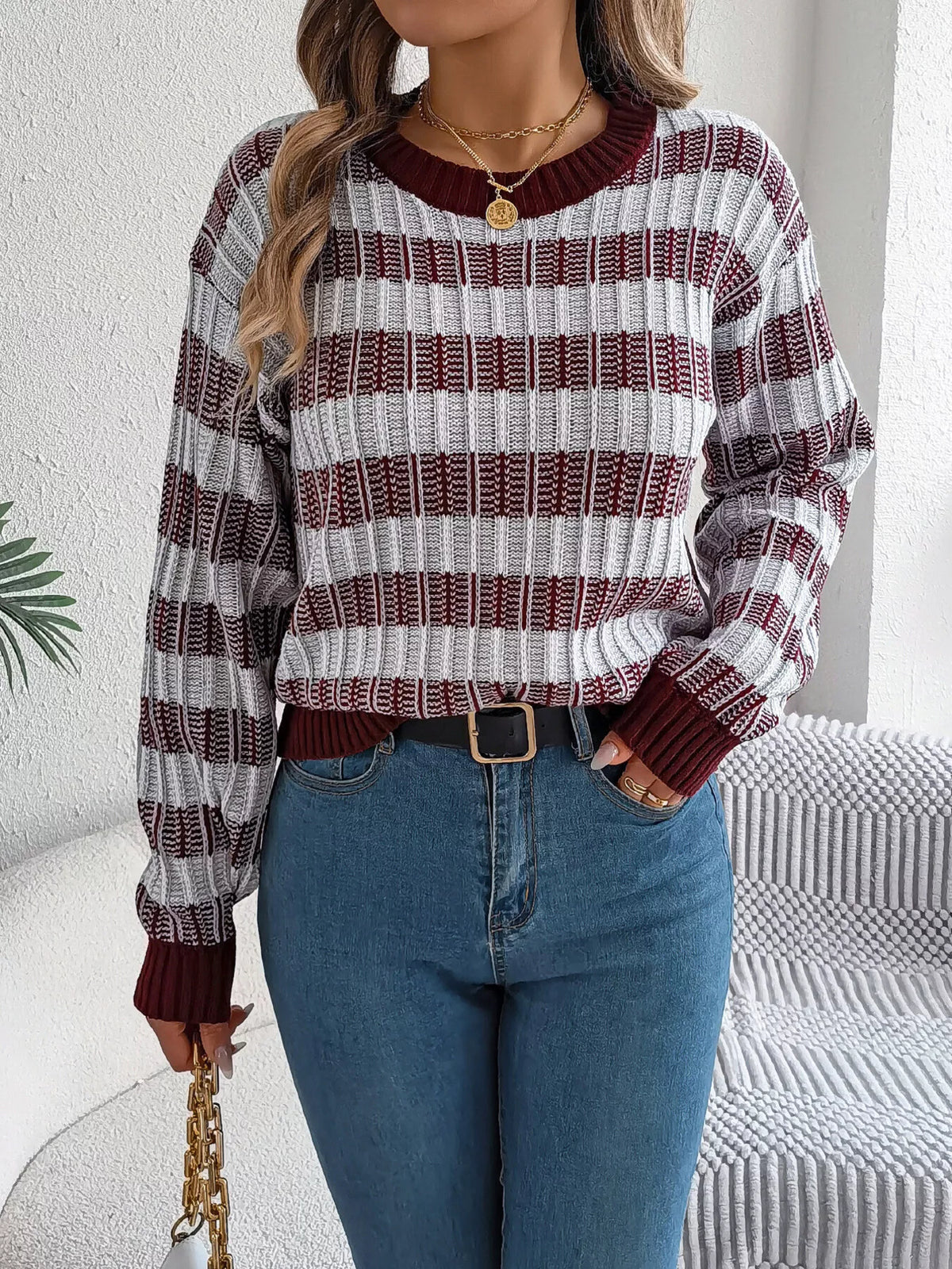 Striped Round Neck Long Sleeve Sweater (15)