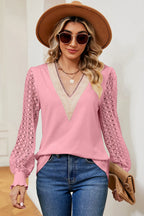 Openwork V-neck Long Sleeve T-shirt (8)