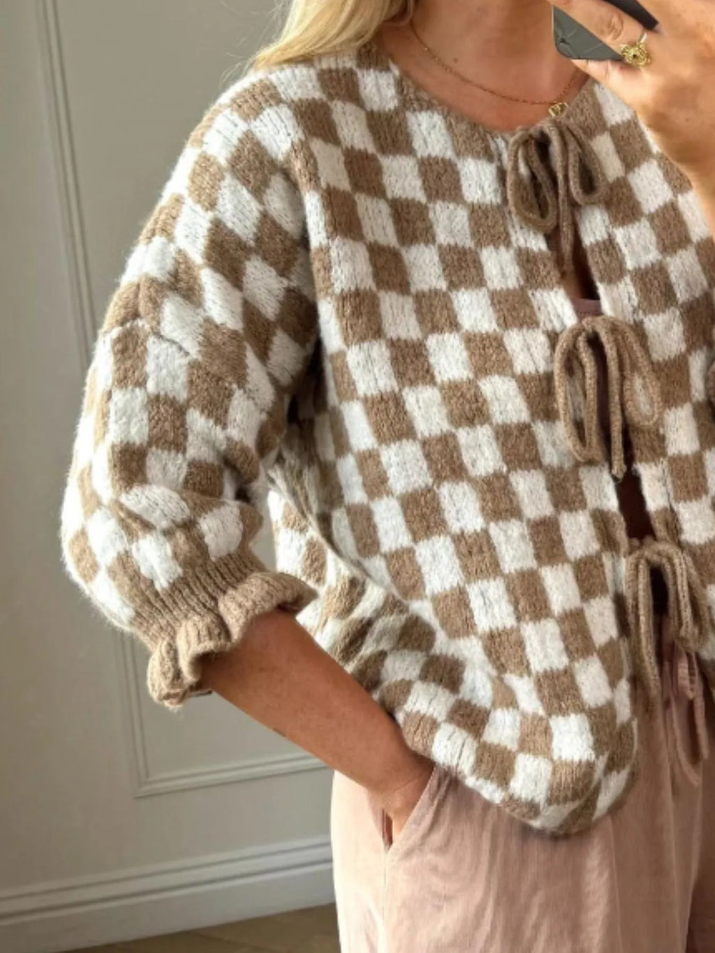 Checkered Tie-front Knit Cardigan (15)