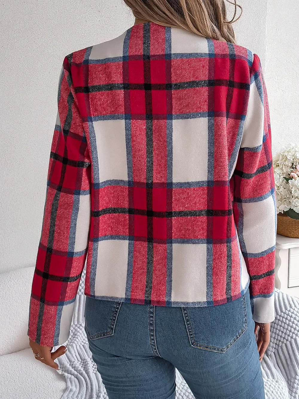 Plaid Open Front Long Sleeve Jacket (15)