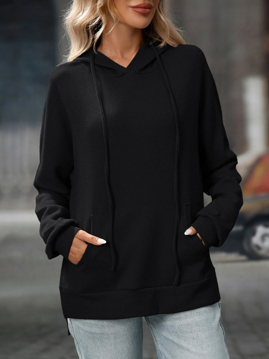 Textured Drawstring Long Sleeve Hoodie (18)