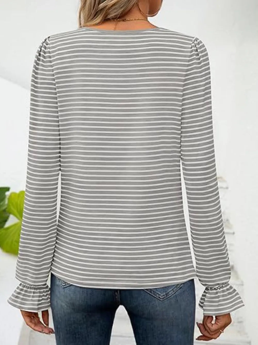 Striped Square Neck Flounce Sleeve Top (2)