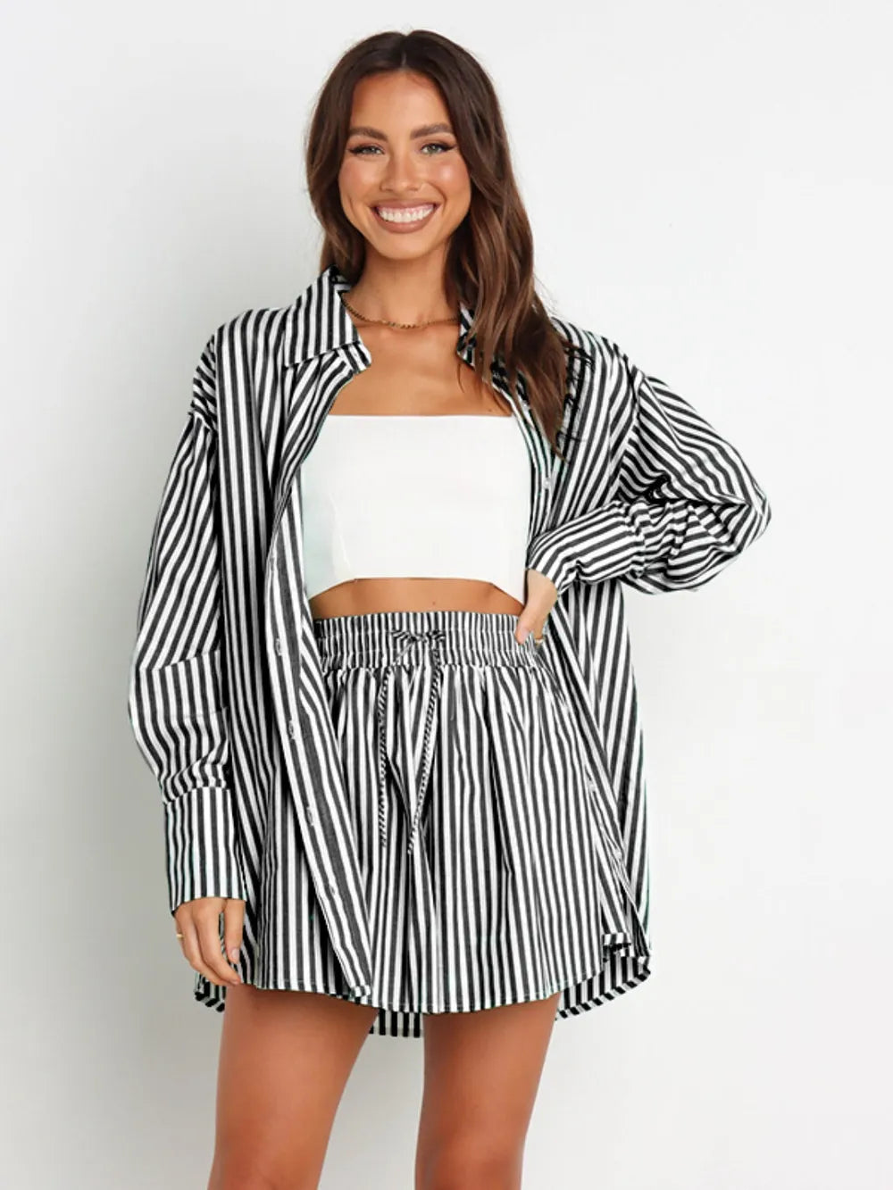 Striped Dropped Shoulder Shirt Shorts Set
