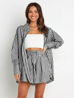 Striped Dropped Shoulder Shirt Shorts Set