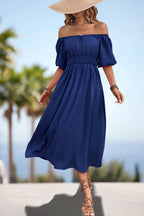 Square Neck Smocked Waist Puff Sleeve Midi Dress (10)