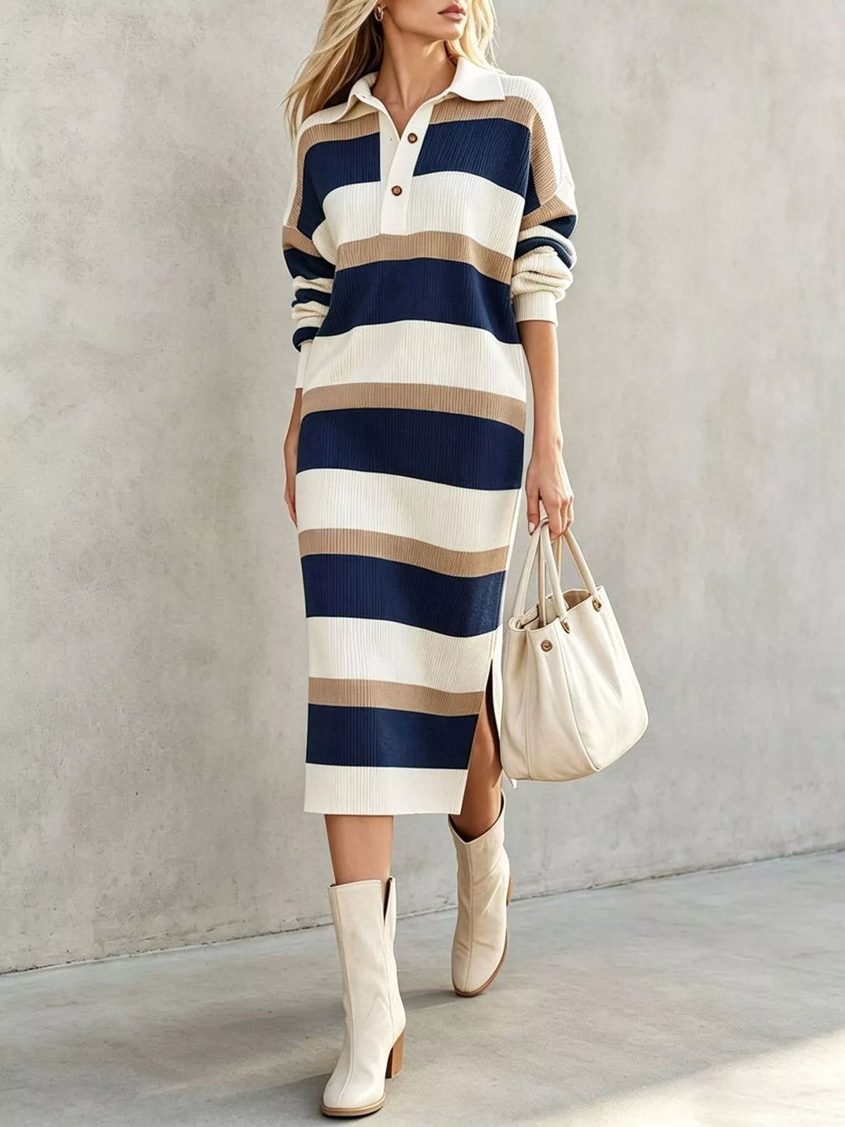 Striped Polo Collar Long Sleeve Sweater Dress (9)