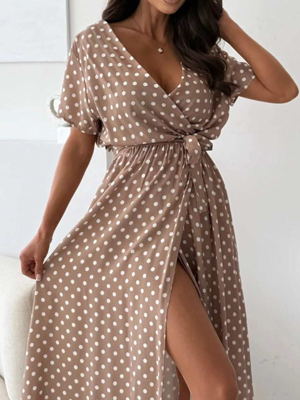 Polka Dot Surplice Maxi Dress Slit (21)