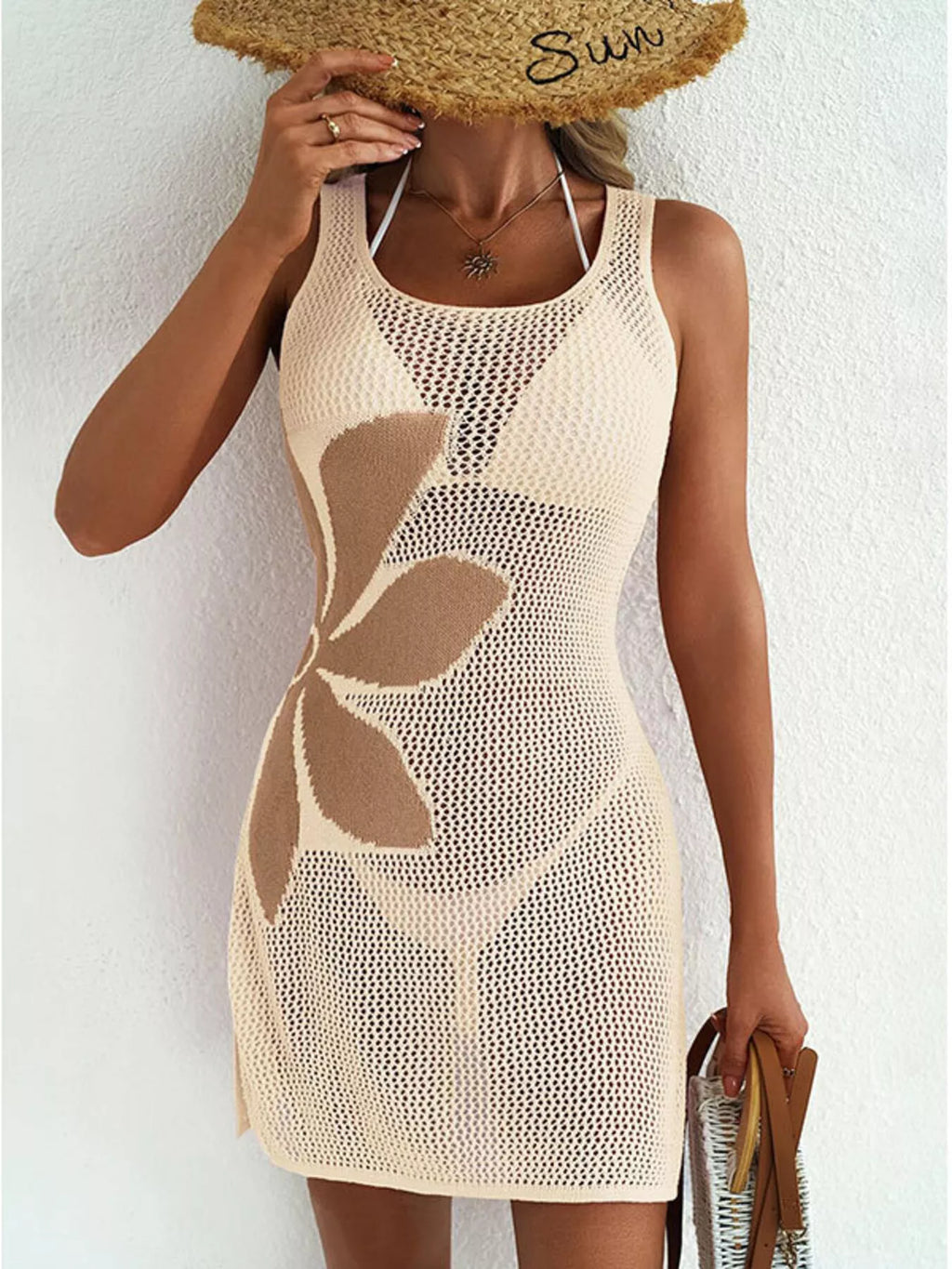 Side Slit Flower Crochet Knit Cover Up Dress (7)