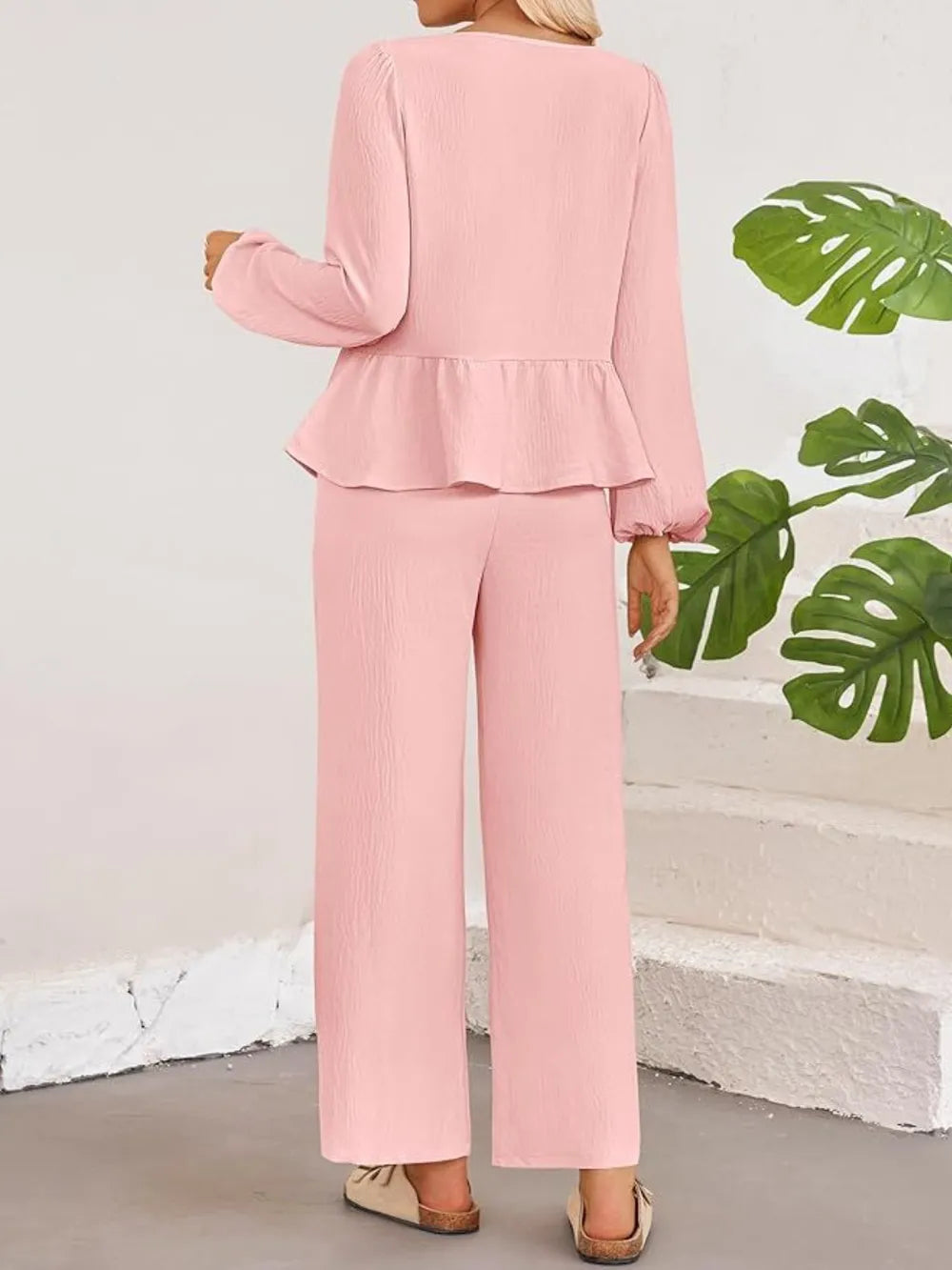 Tie Neck Balloon Sleeve Top Pants Set (8)
