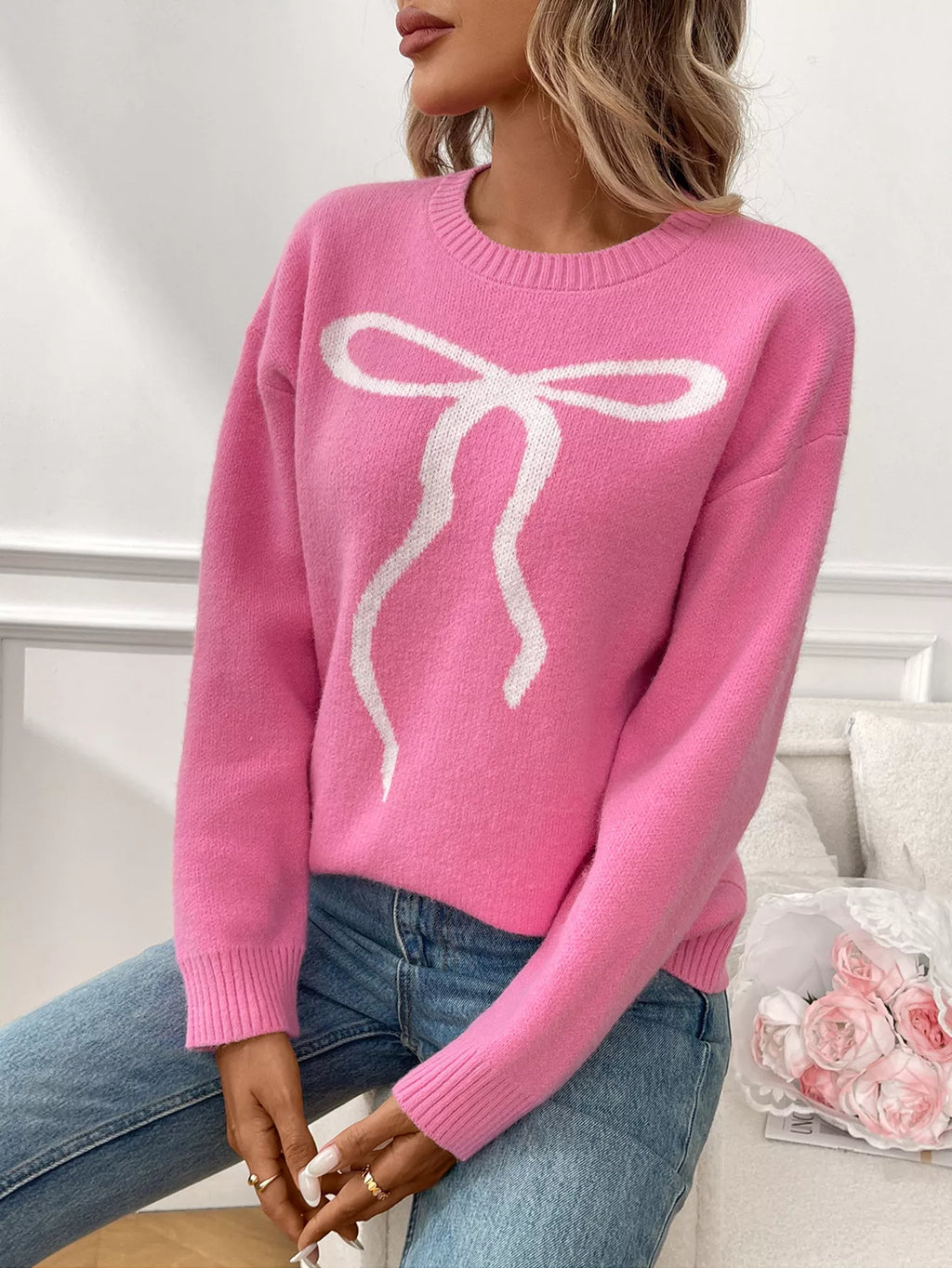 Bow Round Neck Long Sleeve Sweater (9)