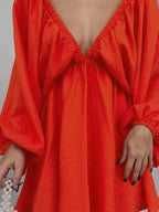 Deep V-neck Balloon Sleeve Dress (16)