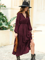 Tie Neck Long Sleeve Midi Tiered Dress (19)