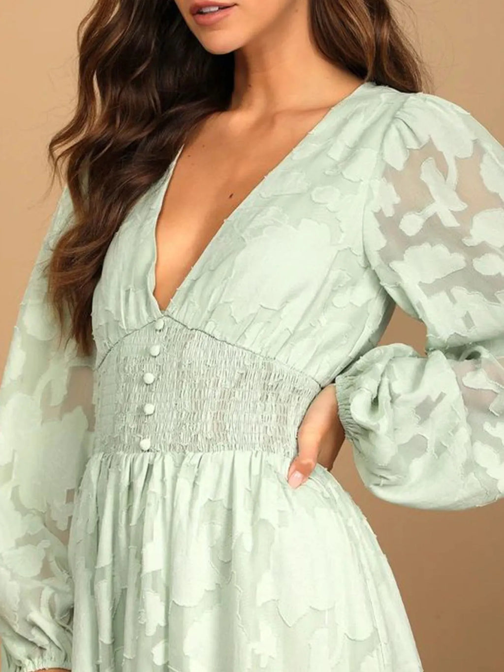 Smocked V-neck Balloon Sleeve Dress (2)