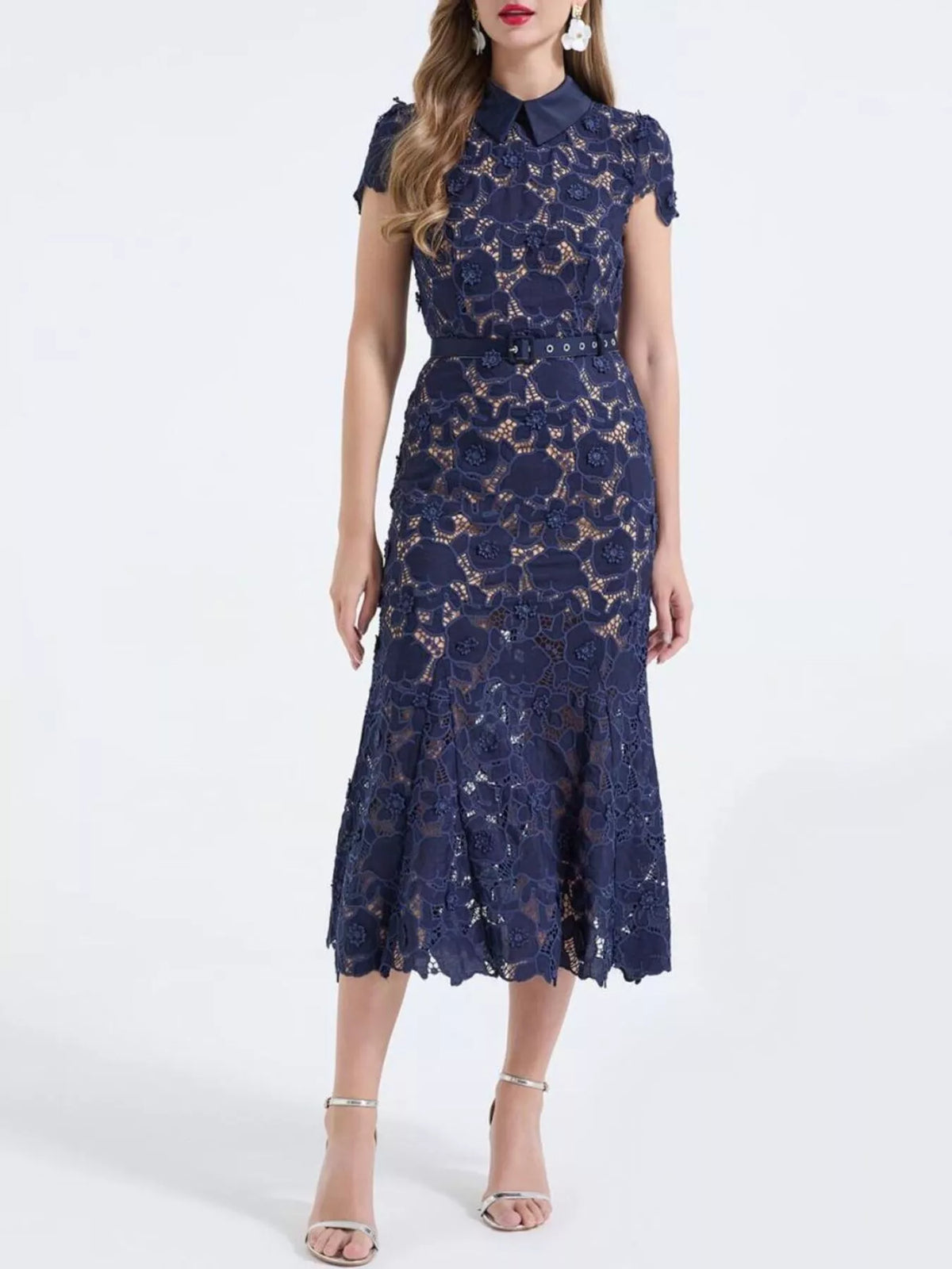 Floral Lace Short Sleeve Midi Dress (8)