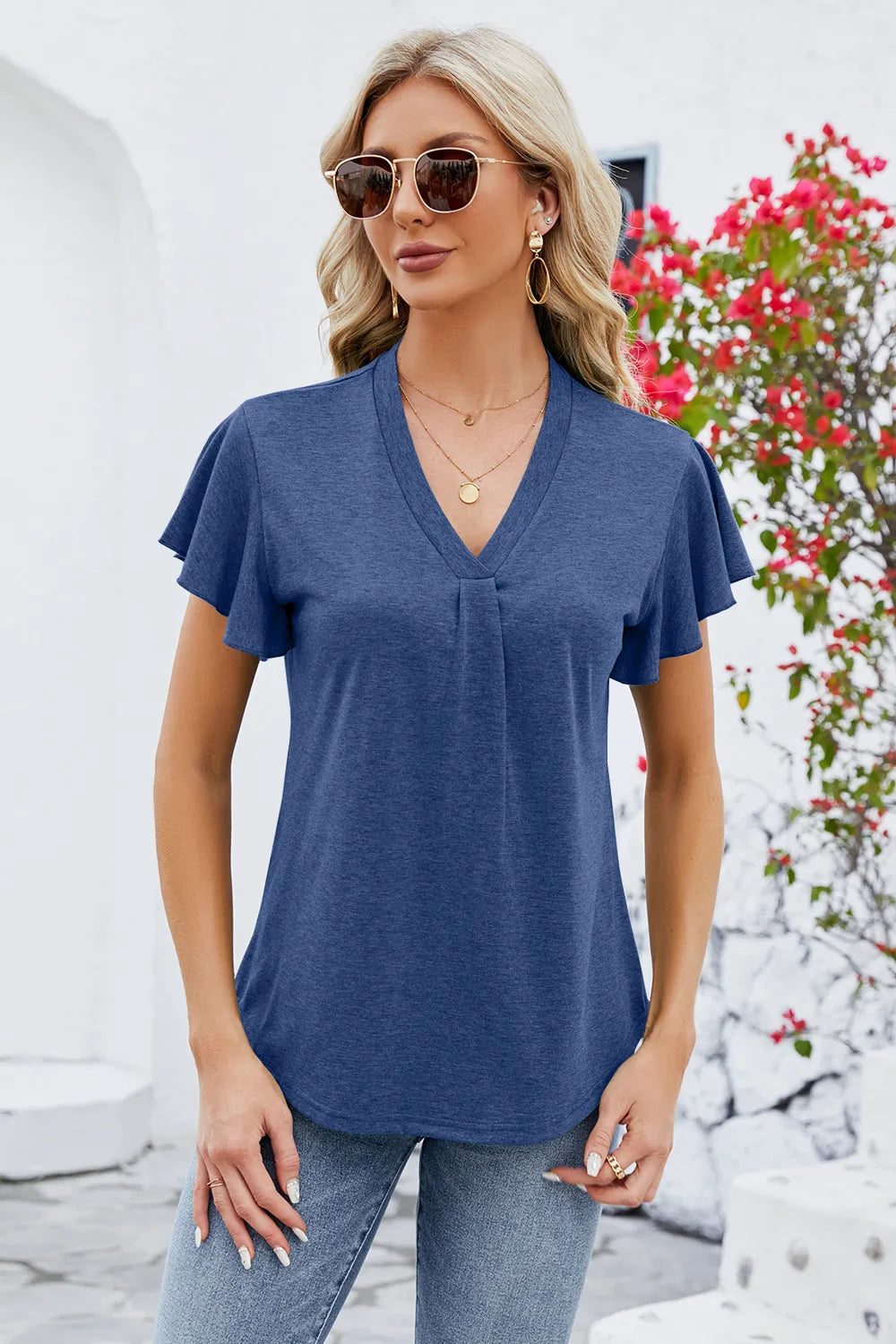 V-neck Flutter Sleeve T-shirt (7)