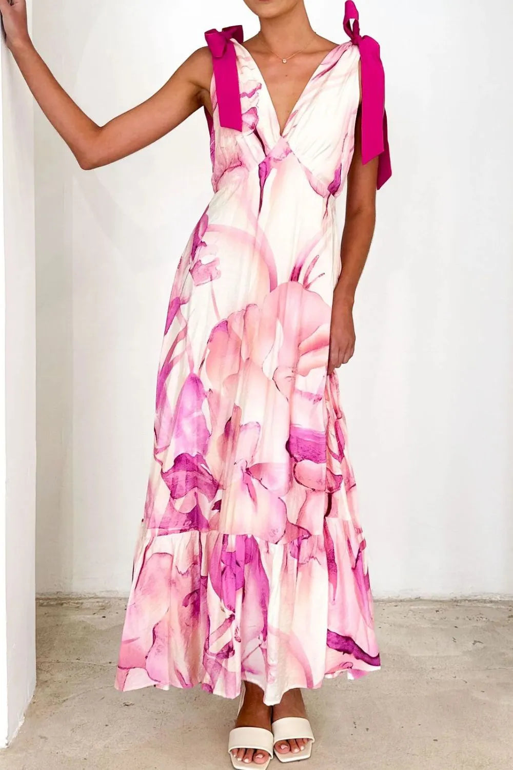 Printed V-neck Tie Shoulder Midi Cami Dress (14)