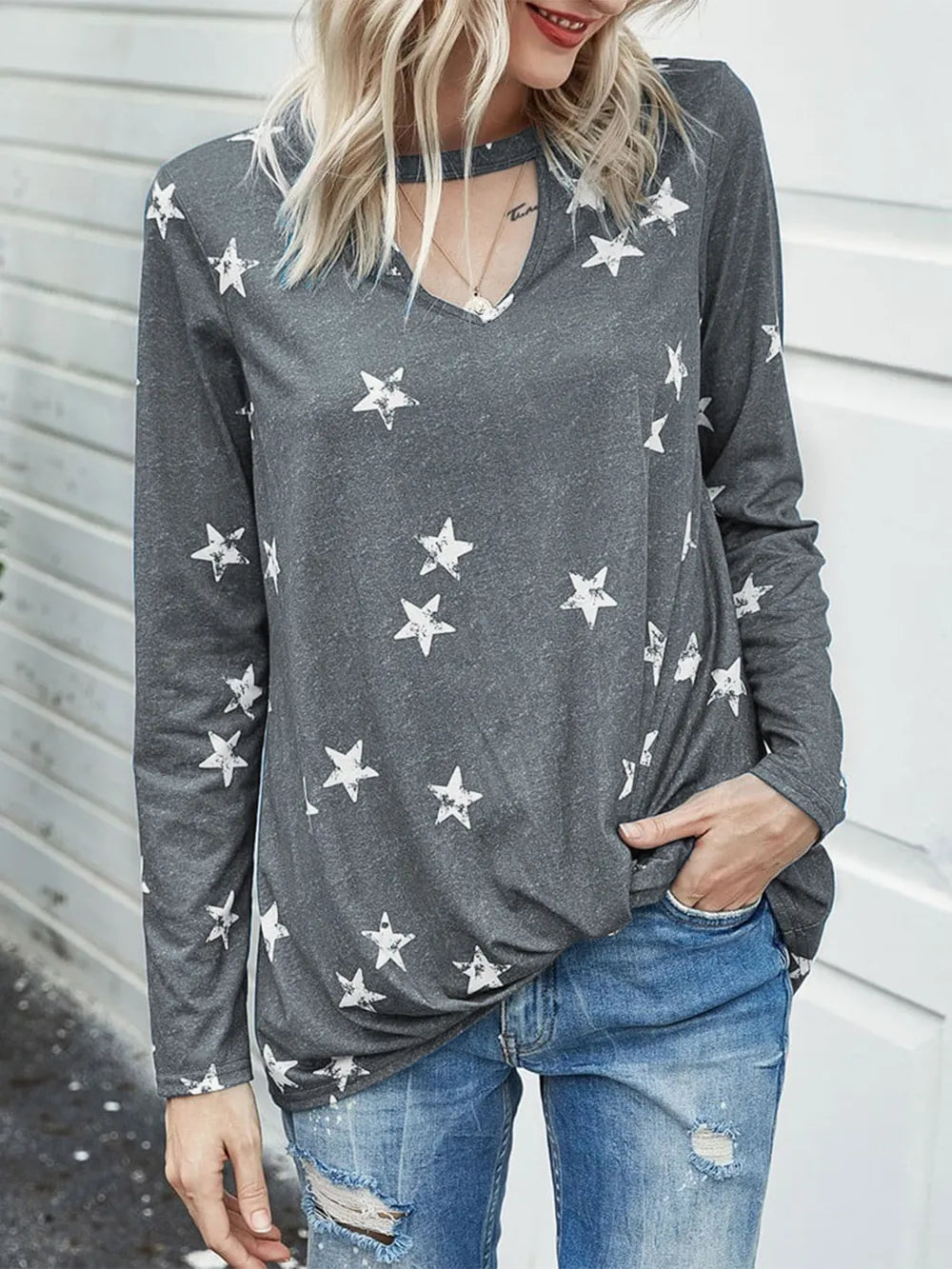 Cutout Round Neck Long Sleeve T-shirt