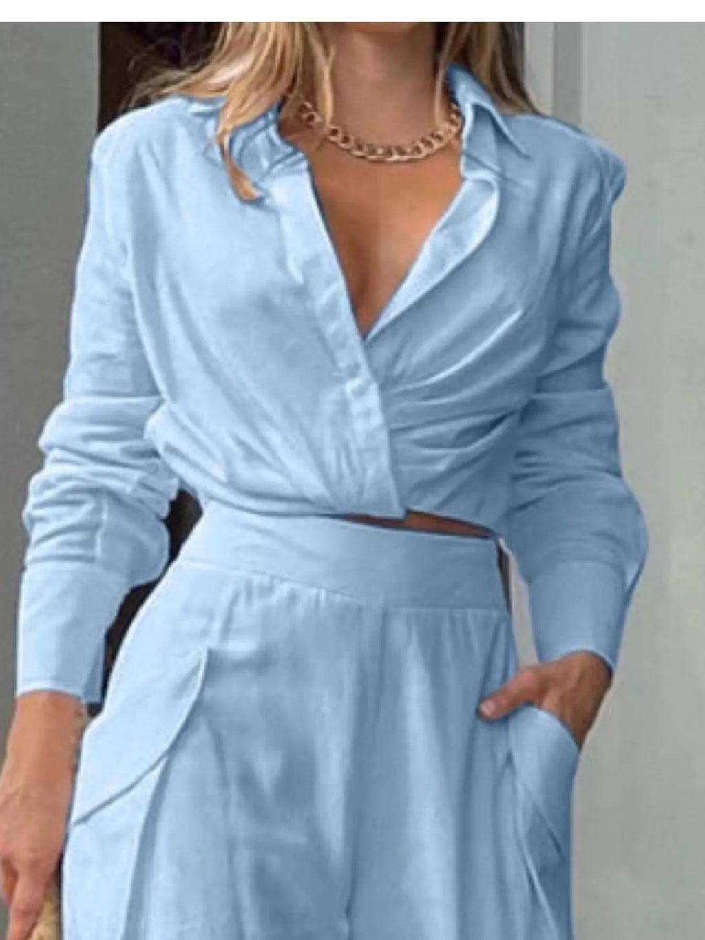 Long Sleeve Shirt Wide Leg Pants Set (2)