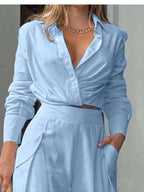 Long Sleeve Shirt Wide Leg Pants Set (2)