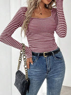 Striped Square Neck Long Sleeve T-shirt (10)