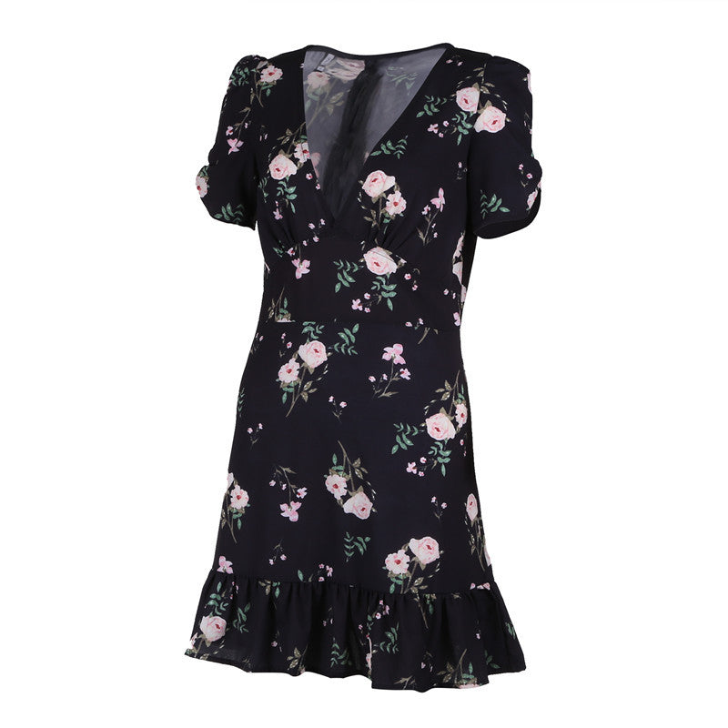 Printed V-neck Dress variant CJNSSYLY01448-black-XL|CJNSSYLY01448-black-XXL|CJNSSYLY01448-black-M|CJNSSYLY01448-black-L|CJNSSYLY01448-black-S