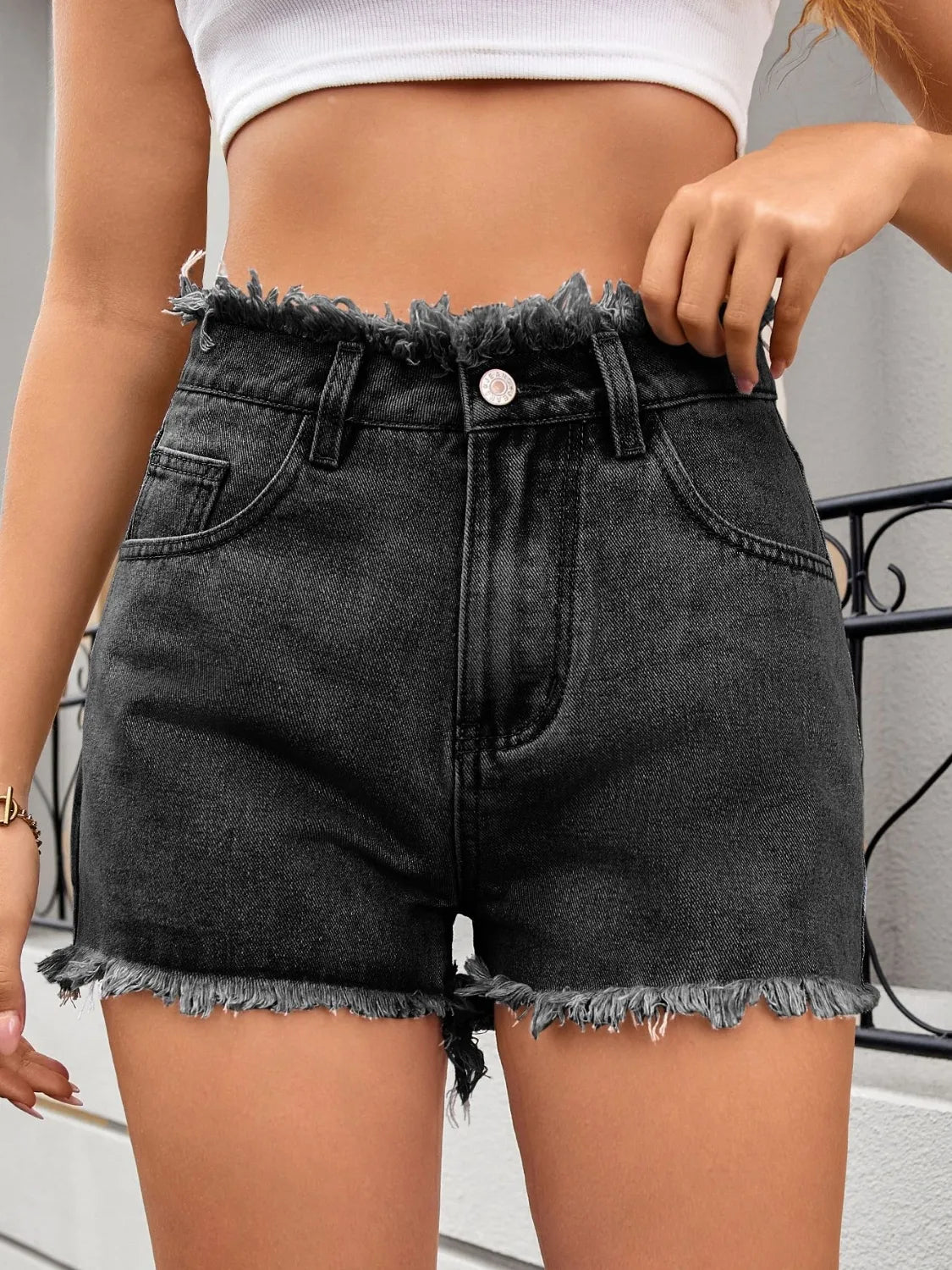 Washed Raw Hem Denim Shorts (11)