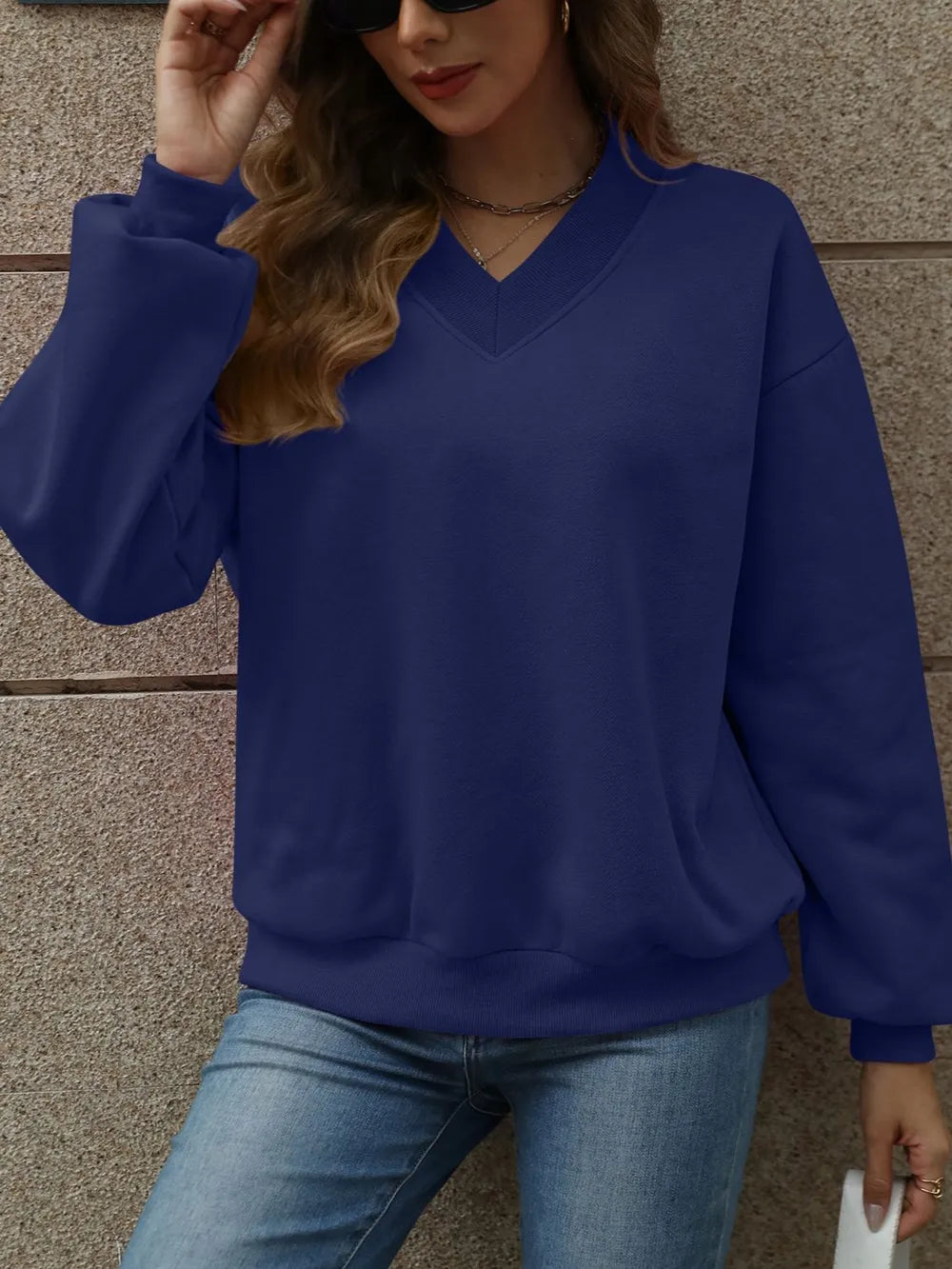 V-neck Long Sleeve Dropped Shoulder Sweatshirt (25)