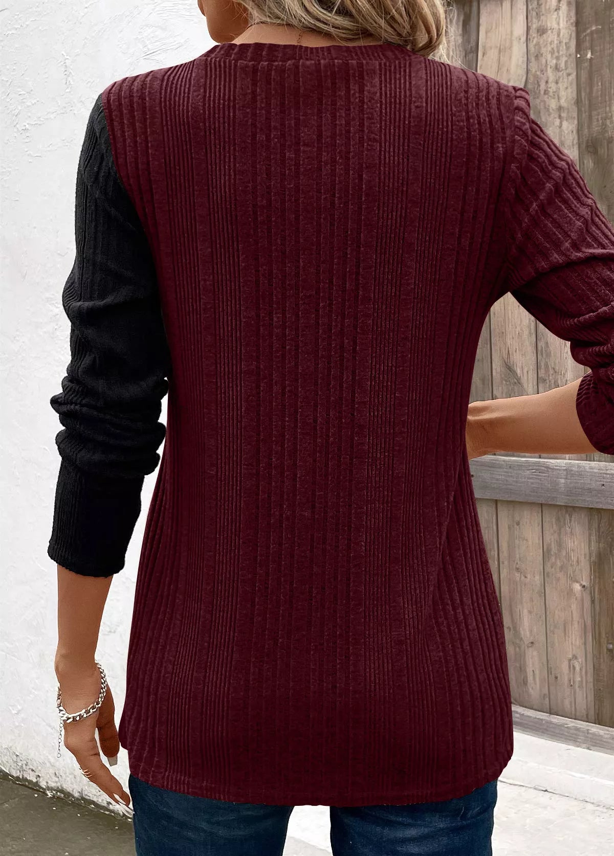 Block Ribbed Knit Decor Button T-shirt (15)