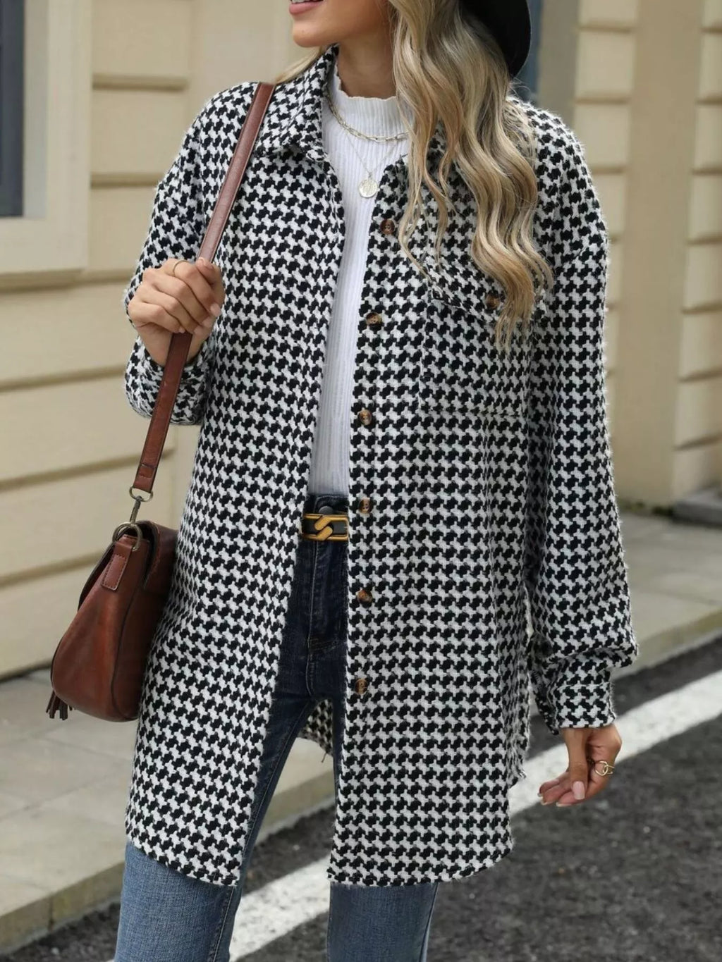 Houndstooth Button Up Long Sleeve Coat (2)