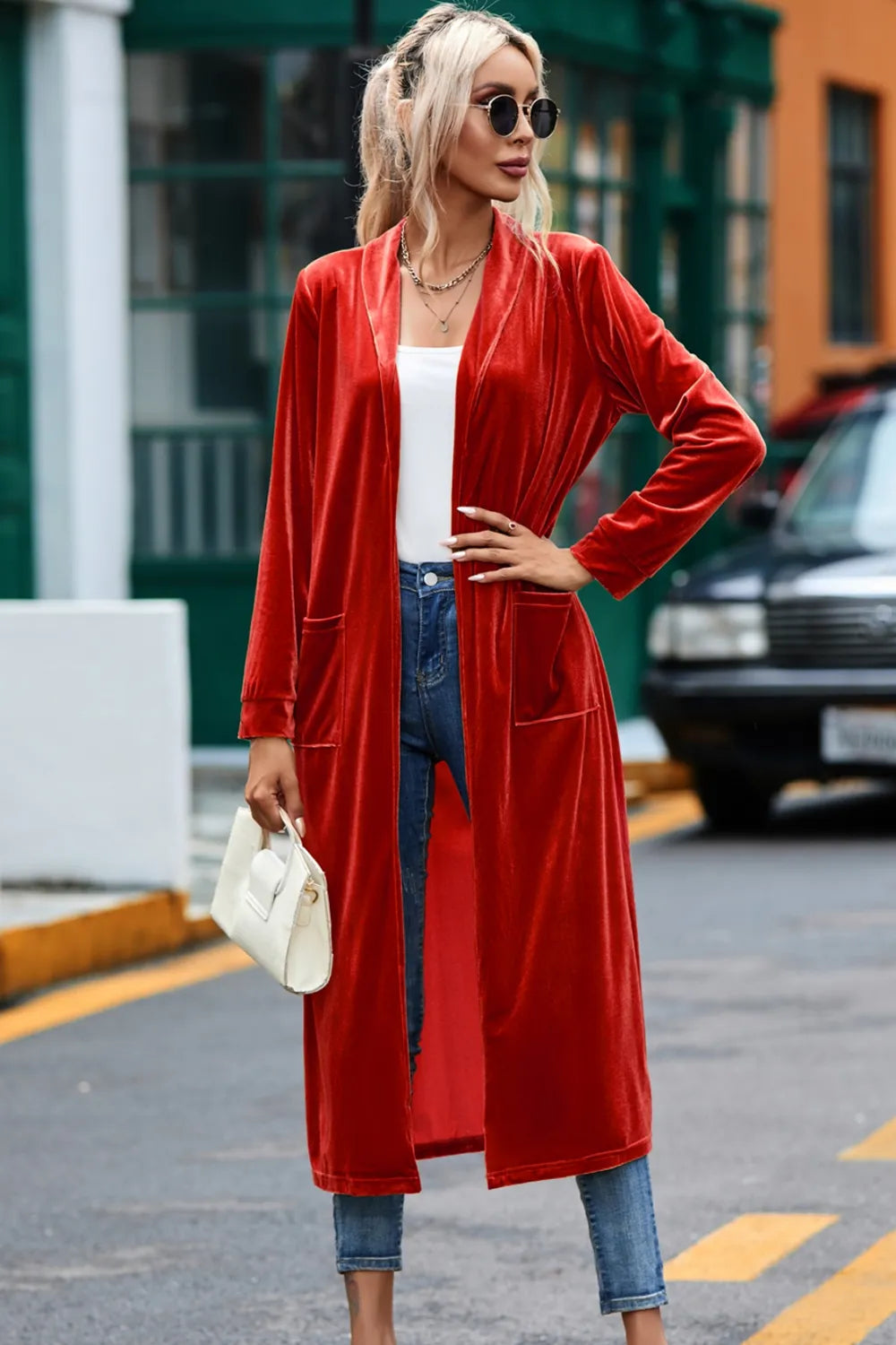 Velvet Open Front Long Cardigan Pockets (8)