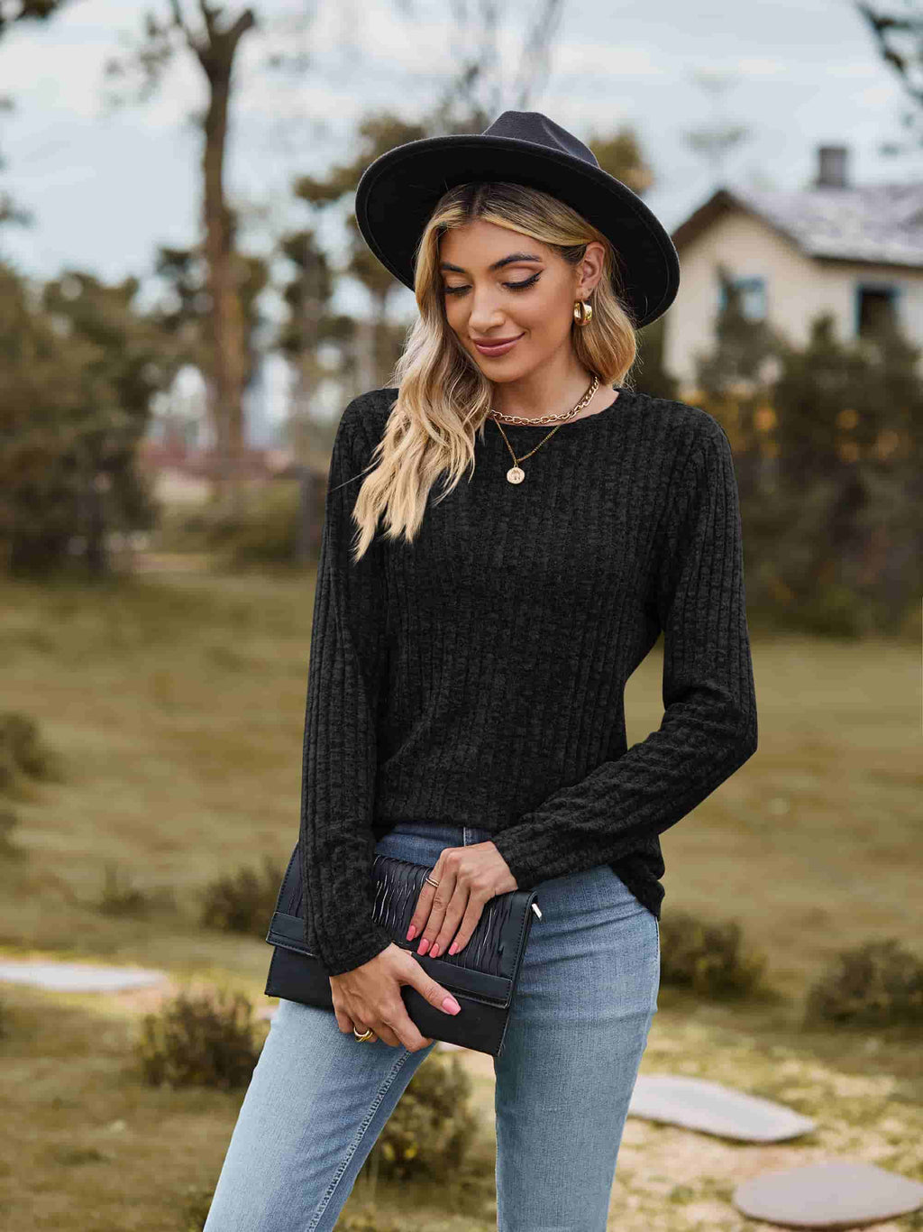 Ribbed Round Neck Long Sleeve Tee (23)