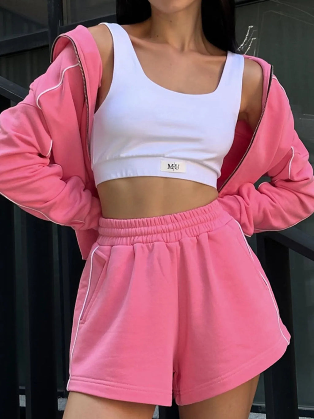 Zip Up Long Sleeve Top Shorts Set (2)