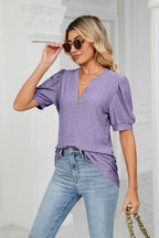 Eyelet Short Puff Sleeve Notched Neck Top (21)